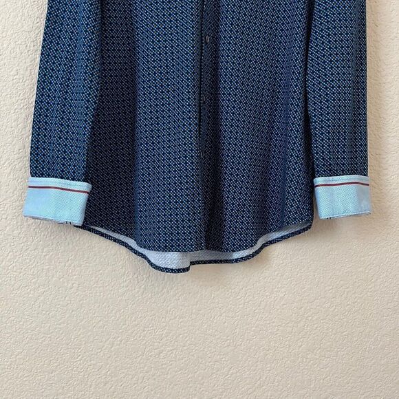 Butter Cloth Size L Blue Geometric Flip Cuff Preppy Office Button Dress Shirt - Picture 5 of 10